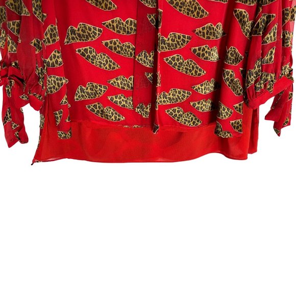 ALICE + OLIVIA RED BLOUSE WITH CHEETAH BURNOUT LIPS 3/4 SLEEVE TOP WITH TIES, M - Picture 10 of 11